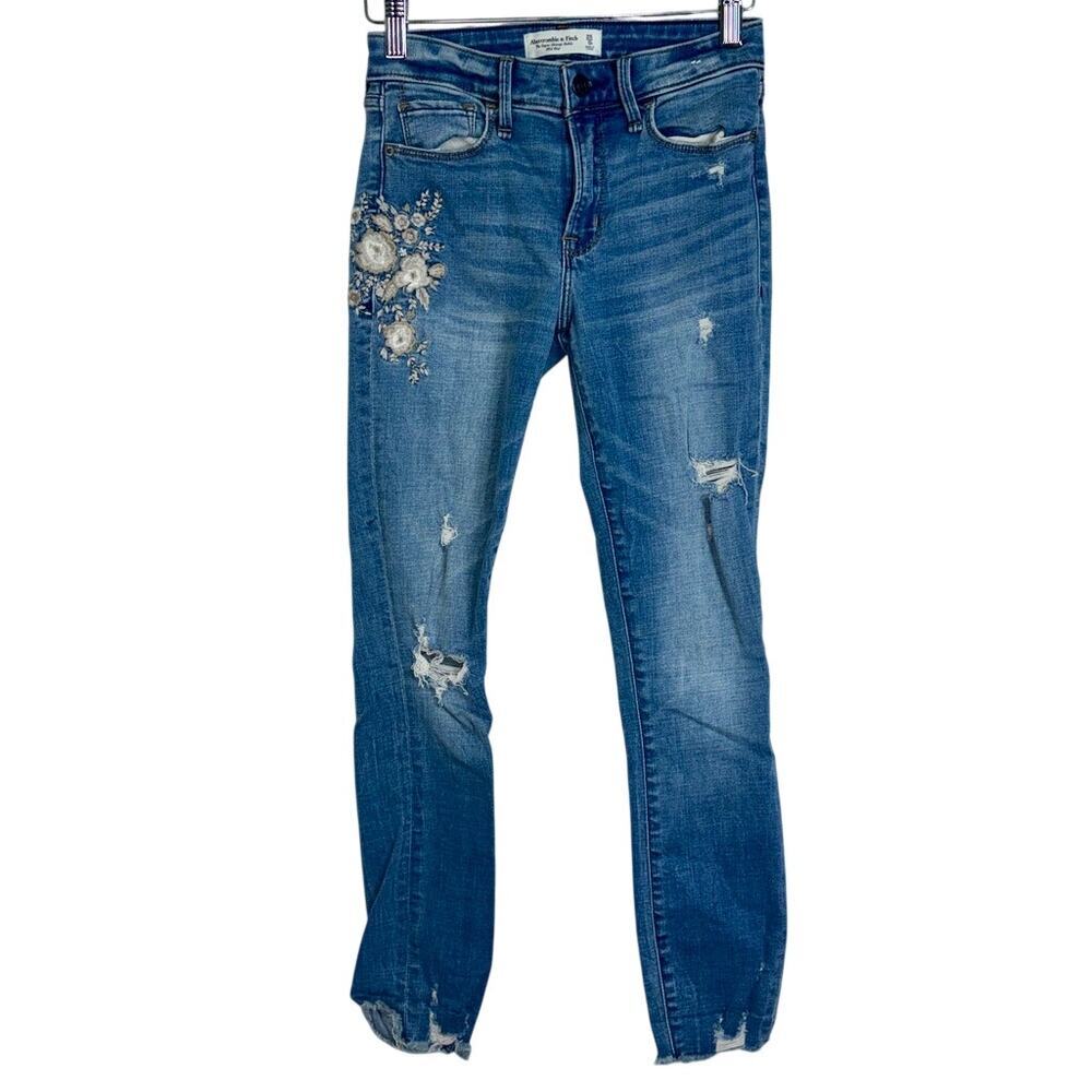 Abercrombie & Fitch Super Skinny Ankle Mid Rise Blue Embroidered Jeans Size 25 0